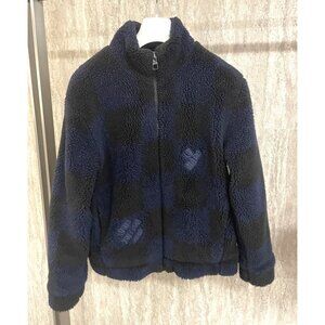 Louis Vuitton Checkered Navy & Black Sherpa Jacket Mens Full-Zip Embroidered Log